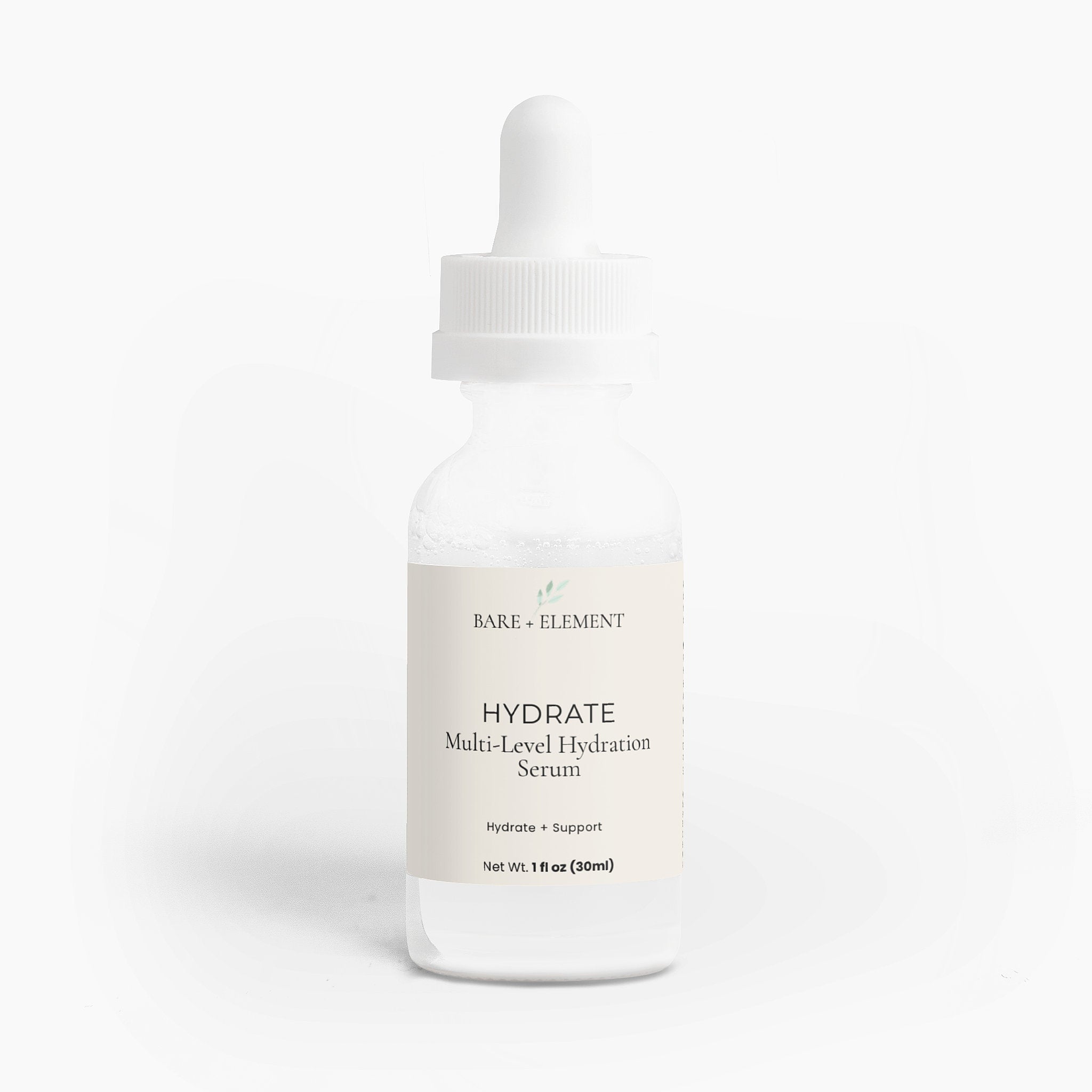 Bottle of Hydrate Multi-Level Hydration Serum by Bare Element on a white background